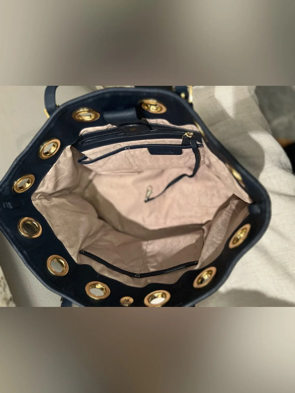 Michael Kors Navy Leather Tote‎ with Gold Grommet Accents Beachy Captain